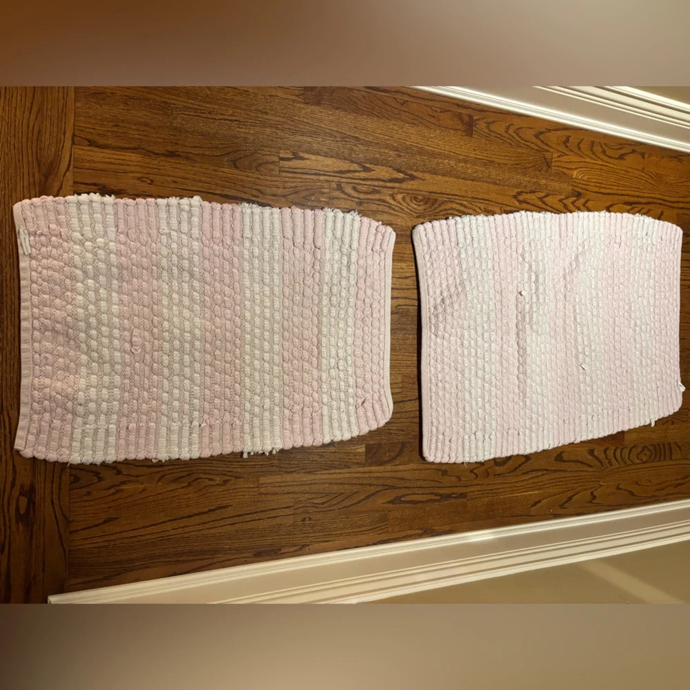Pink and White Striped Bath Mats